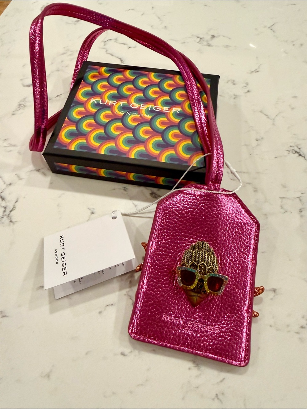 Kurt Geiger Lanyard in Metallic Pink and Blue with Gold Sun and Eagle w Sunnies